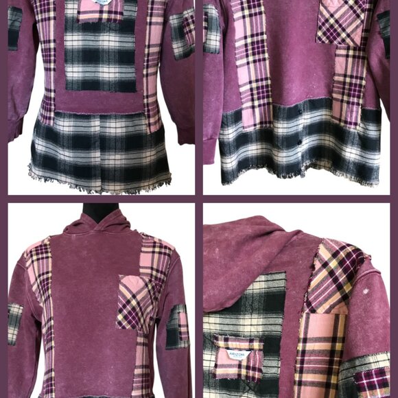 Upcycled Patchwork Hoodie, S-M: Distressed Magenta Grunge Sweater, Campus Style - Picture 16 of 16